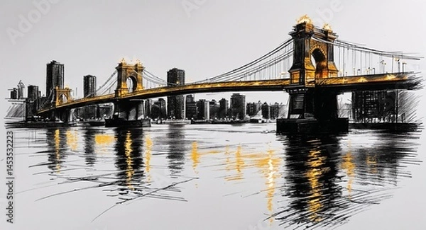 Fototapeta City bridge with glowing lights and reflections on the water design in sketch hand drawing black and white on plain white background