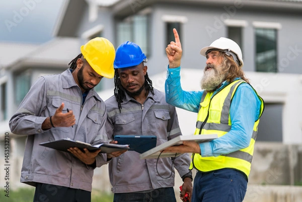 Fototapeta Three men in construction gear are looking at a tablet. One of them is pointing at something. Scene is serious and focused