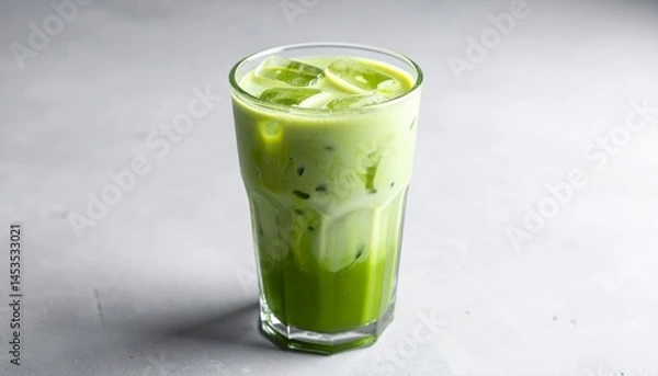 Fototapeta Refreshing Matcha Latte in a Glass with Ice Cubes Against a Neutral Background