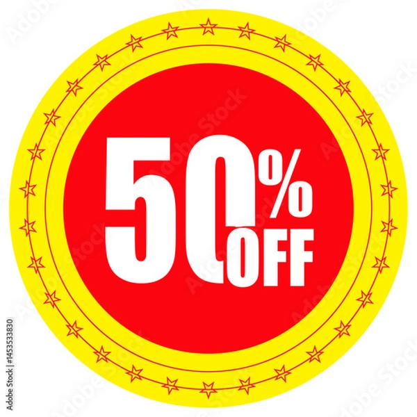 Fototapeta 50 pc off yellow red abstract design. Half price, like 50% off sticker. Yellow and red iconic badges for price labels and business promotion deals.