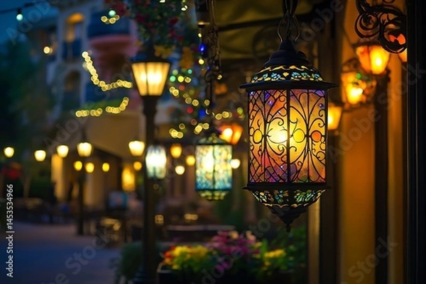 Fototapeta An illuminated stained glass lantern hangs against a beautifully lit urban evening backdrop with bokeh