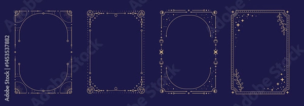 Fototapeta Set of modern magic witchcraft astrology frames with Four Elements, stars, sun and moon on blue background. Line art occult vector illustration