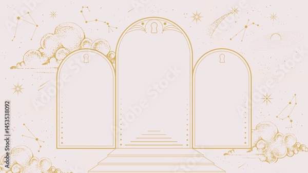 Fototapeta Modern magic witchcraft  astrology arch frame with stars, comets, clouds and constellations on white background. Line art occult vector illustration