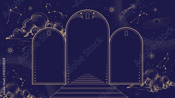 Fototapeta Modern magic witchcraft  astrology arch frame with stars, comets, clouds and constellations on blue background. Line art occult vector illustration