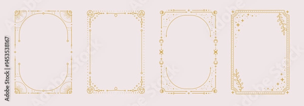 Fototapeta Set of modern magic witchcraft astrology frames with Four Elements, stars, sun and moon on white background. Line art occult vector illustration