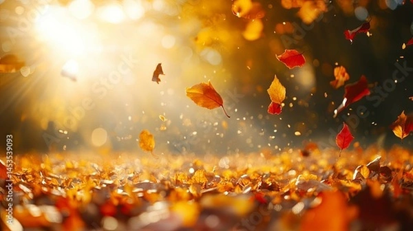 Fototapeta Autumnal Forest Path: Golden Sunlight, Falling Leaves, Romantic Impression