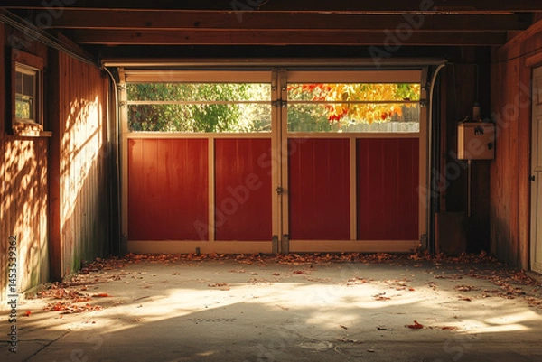 Fototapeta Autumn Sunlight in Empty Garage Red Door Fall Leaves