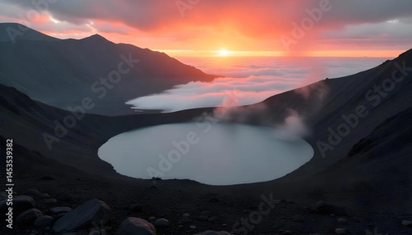 Obraz A serene mountain landscape at sunrise with rolling mist, glowing sky, and untouched nature