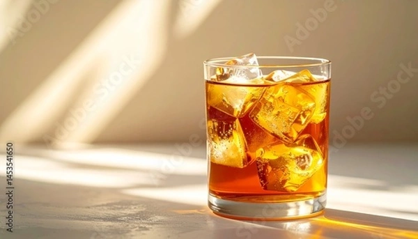 Obraz A Refreshing Beverage with Ice Cubes in a Glass, Evoking Cooling Sensations