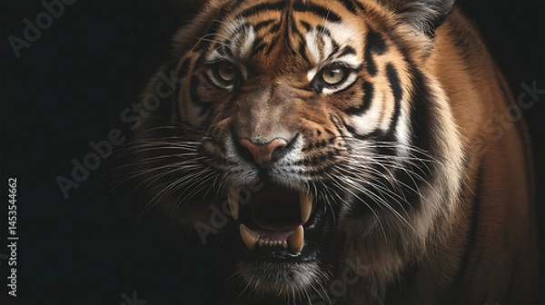 Obraz Fierce close-up of a roaring tiger showcasing its powerful features against a dark backdrop