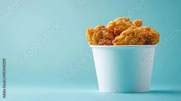 Fototapeta fried chicken in a pure white bucket with French fried in clean blue background
