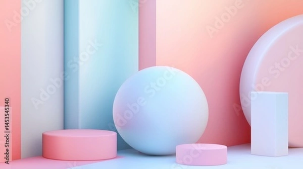 Fototapeta Geometric 3d smooth pastel shapes. Abstract background with light colour palette