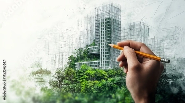 Fototapeta hand holding a pencil over a green sustainable building concept sketch