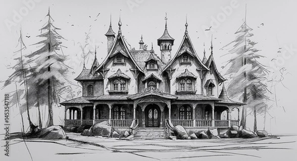 Obraz Enchanted forest fairy tale mansion building design in sketch hand drawing black and white on plain white background