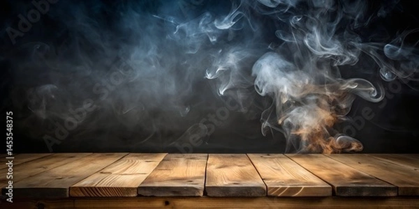 Fototapeta A dark room with smoke on the wooden floor evokes a nightmarish scene of black clouds and fire