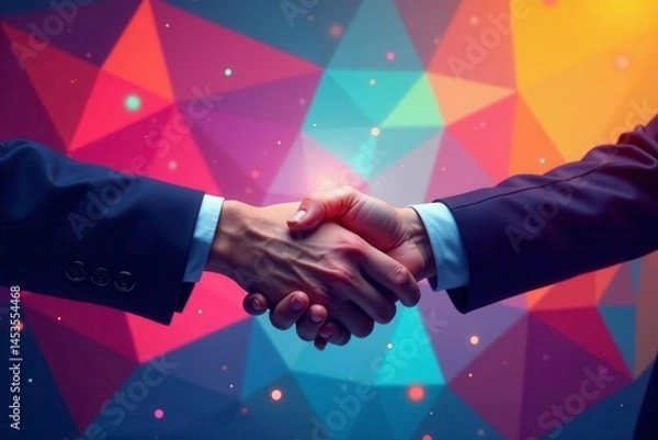 Fototapeta Two hands shaking, vibrant geometric backdrop, geometric, finance
