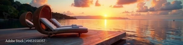 Fototapeta Modern wicker lounge chairs on a floating dock at sunset , lakeside, contemporary