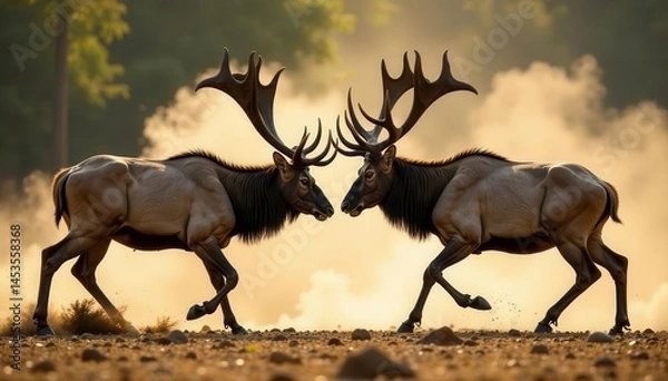 Fototapeta Majestic stags with large antlers, engaged in intense battle, dust flying , rivalry, antlers, forest