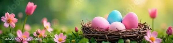 Fototapeta Pastel colored eggs in a nest, spring flowers , image, photography, celebration