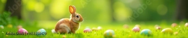 Fototapeta Red rabbit sits amidst colorful Easter eggs scattered on vibrant green grass , field, march, spring