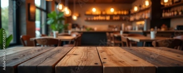 Fototapeta Rustic wooden tabletop, blurred restaurant glow, visual, blurred