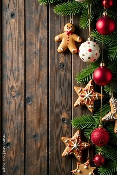Fototapeta Rustic wooden wall, cookies & ornaments hung with twine , home decor, cookies