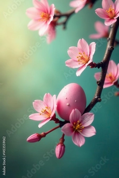 Fototapeta Vibrant Easter eggs bloom on flowering branches, vertical format , growth, photography, branch