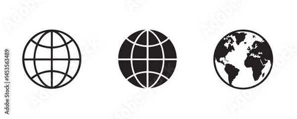 Obraz Three Globe Icons Outline, Filled, and Detailed World Map