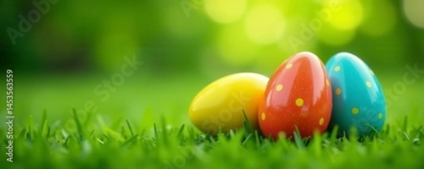 Fototapeta Vibrant painted eggs in sharp focus, blurred green grass background, spring, vibrant