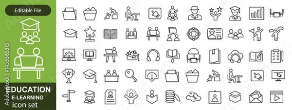 Fototapeta E-learning icon set. Online Education related line icons: e-book, training, distance learning, online learning, webinar, knowledge, study, school and more. Editable stroke. Vector illustration.