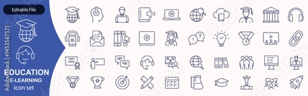 Obraz E-learning icon set. Online Education related line icons: e-book, training, distance learning, online learning, webinar, knowledge, study, school and more. Editable stroke. Vector illustration.