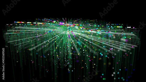 Fototapeta Abstract futuristic graph information on disk space in dark. Complex Big Data analysis processing. Digital AI technology information flow DOF.