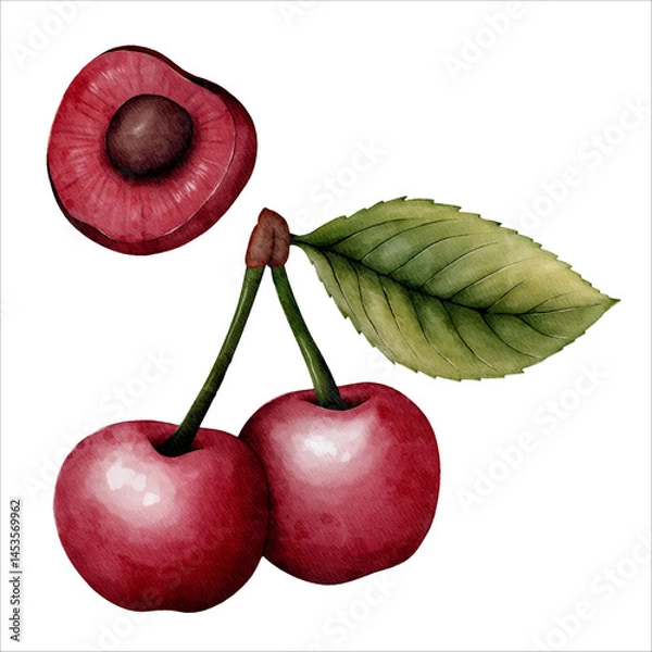 Fototapeta Watercolor illustration of cherries with green leaf and halved fruit showing the pit. Hand-painted style with rich red tones and realistic texture. 