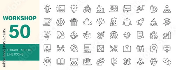 Fototapeta Workshop icon set. Business related line icons: teamwork, collaboration, education, coaching, team building, meeting, training, presentation and more. Editable stroke. Vector illustration.	