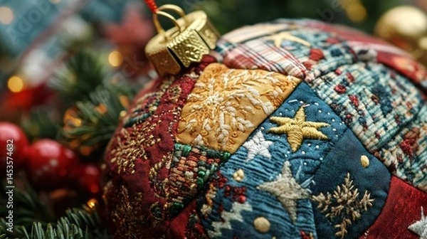 Fototapeta Ornate Christmas ornament crafted from patchwork fabric.
