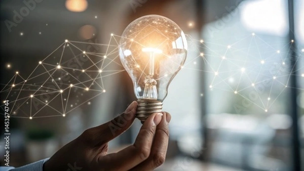 Obraz Hand holding glowing light bulb innovation symbolizing ideas and connectivity
