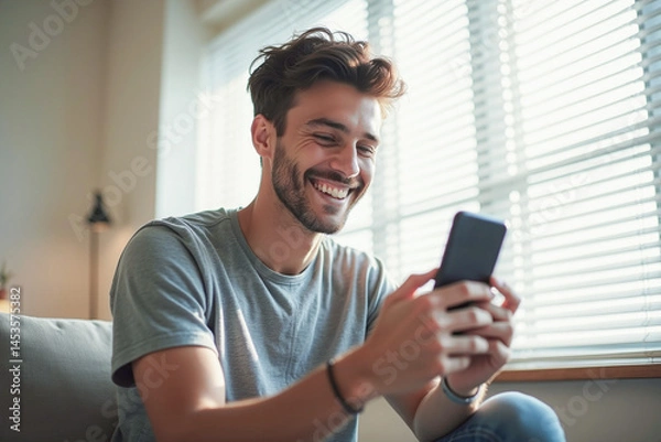 Fototapeta Happy man guy using smartphone at Home, smile and hold phone on he hand with internet technology use of shopping, search, chat, message at inddor living room with beautiful natural light