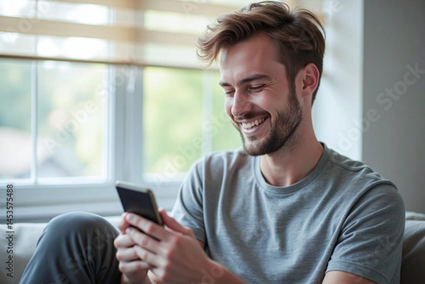 Fototapeta Happy man guy using smartphone at Home, smile and hold phone on he hand with internet technology use of shopping, search, chat, message at inddor living room with beautiful natural light