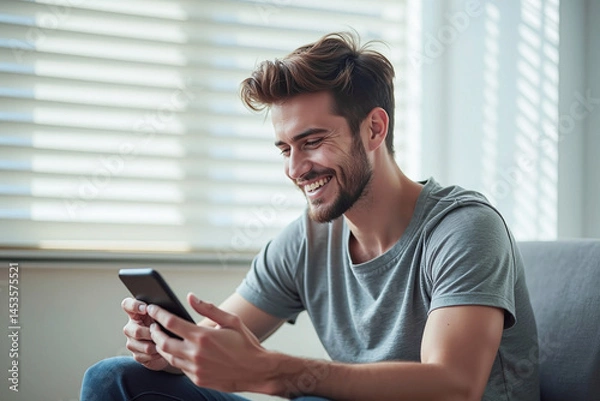 Fototapeta Happy man guy using smartphone at Home, smile and hold phone on he hand with internet technology use of shopping, search, chat, message at inddor living room with beautiful natural light