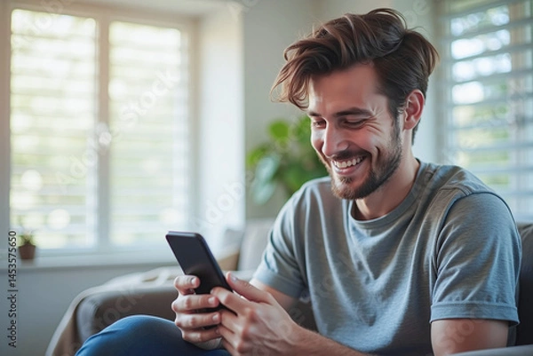 Fototapeta Happy man guy using smartphone at Home, smile and hold phone on he hand with internet technology use of shopping, search, chat, message at inddor living room with beautiful natural light
