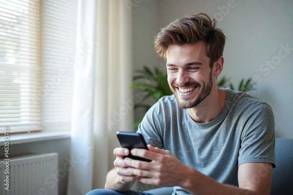 Fototapeta Happy man guy using smartphone at Home, smile and hold phone on he hand with internet technology use of shopping, search, chat, message at inddor living room with beautiful natural light
