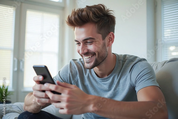 Fototapeta Happy man guy using smartphone at Home, smile and hold phone on he hand with internet technology use of shopping, search, chat, message at inddor living room with beautiful natural light