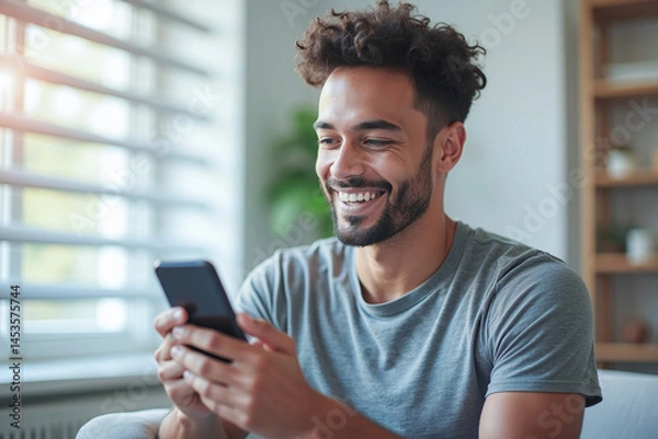 Fototapeta Happy man guy using smartphone at Home, smile and hold phone on he hand with internet technology use of shopping, search, chat, message at inddor living room with beautiful natural light
