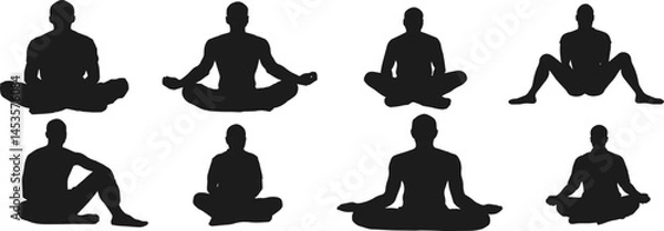 Fototapeta Set of sitting man silhouettes in meditation and rest poses