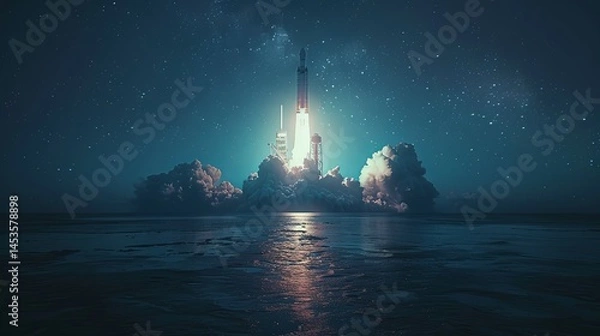Obraz Night Launch: Rocket Ascending Through Starry Cloudscape