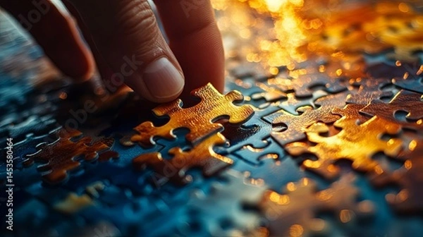 Obraz Golden Hour Puzzle: A Close-Up of Hands Placing a Piece into a Warmly Lit Jigsaw