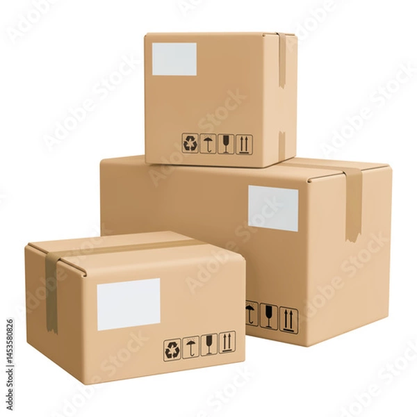 Obraz Cardboard boxes, parcels, 3d render, icon. Pile of stacked and sealed cargo delivery boxes with tags and packaging signs. 3d realistic vector illustration