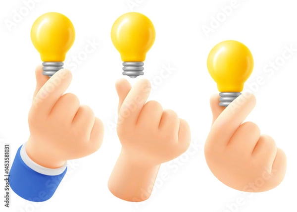 Obraz Cute cartoon hand holding yellow light bulb. Set of 3d realistic icons, design elements. Concept of great idea, quick tip, brainstorm or startup. Vector illustration