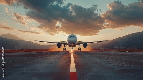 Obraz Airplane Sunset Runway: Dramatic Silhouette and Golden Hues