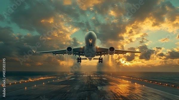 Obraz Airplane Landing: Dramatic Sunset, Runway Lights, Epic Scene